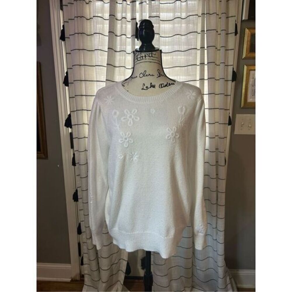Crown & Ivy Cream Knit Floral Crew Neck Sweater with Puff Sleeve Size XXL
